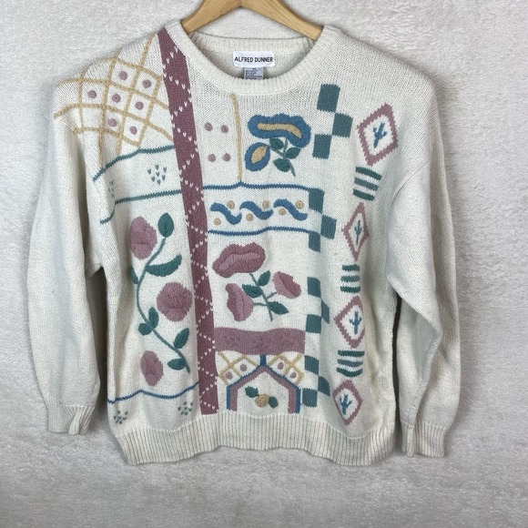 VTG Alfred Dinner Floral Granny Knit Sweater Cream Size 42/2XL Acrylic Hong Kong - Picture 1 of 10